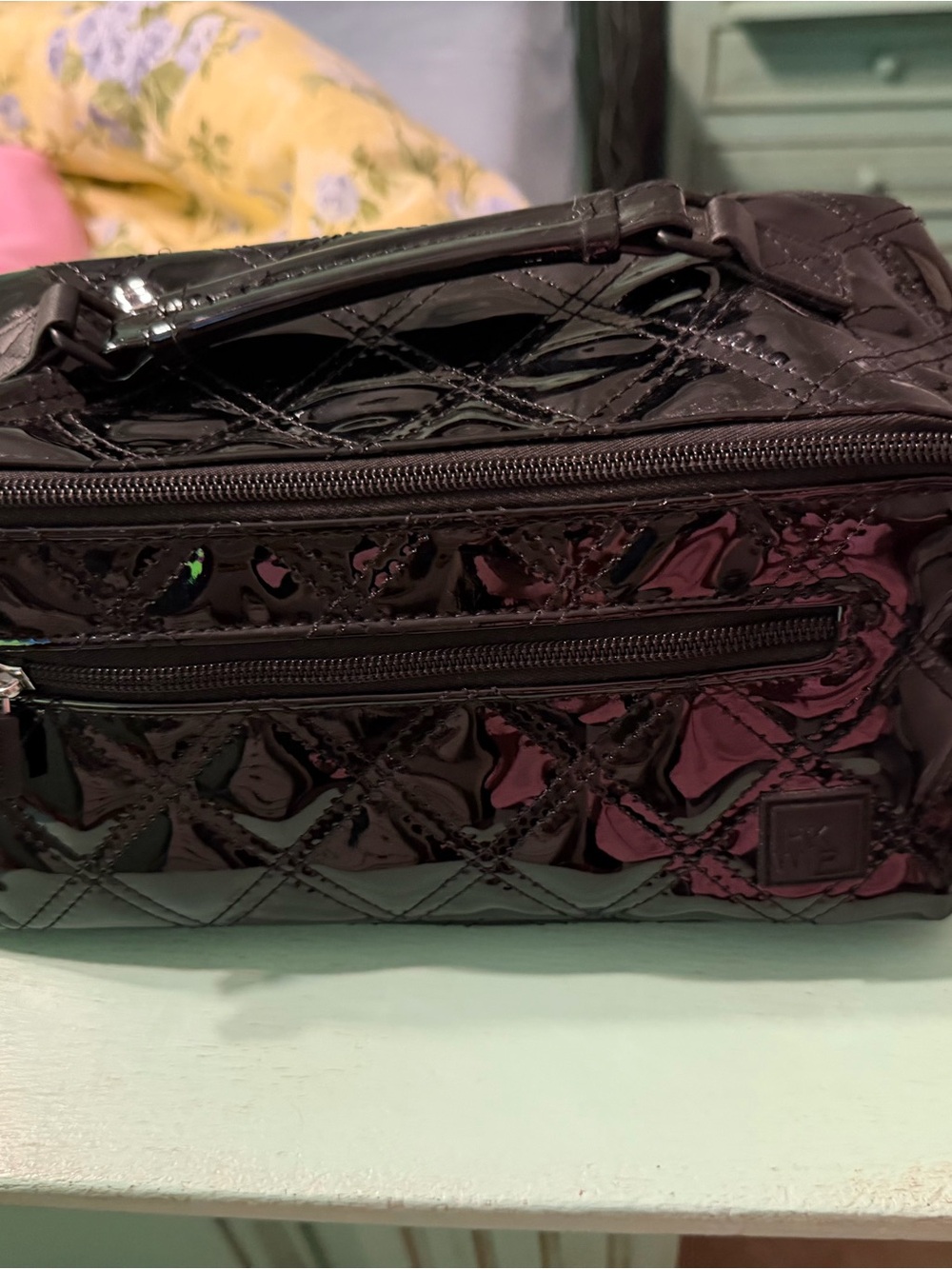 Quilted Patent Cosmetic Case with Top Handle - Black